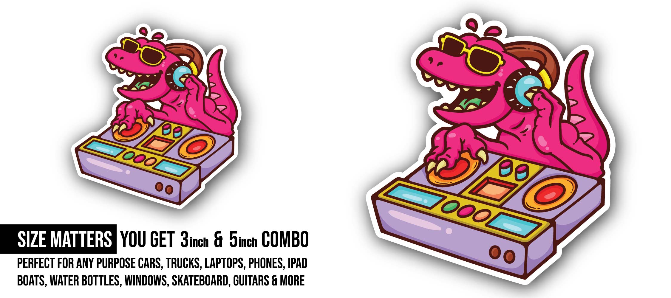 Pink DJ Dinosaur Sticker, Waterproof Vinyl Decal Sticker Indoor Or Outdoor 2 (Pieces) 3" and 5"