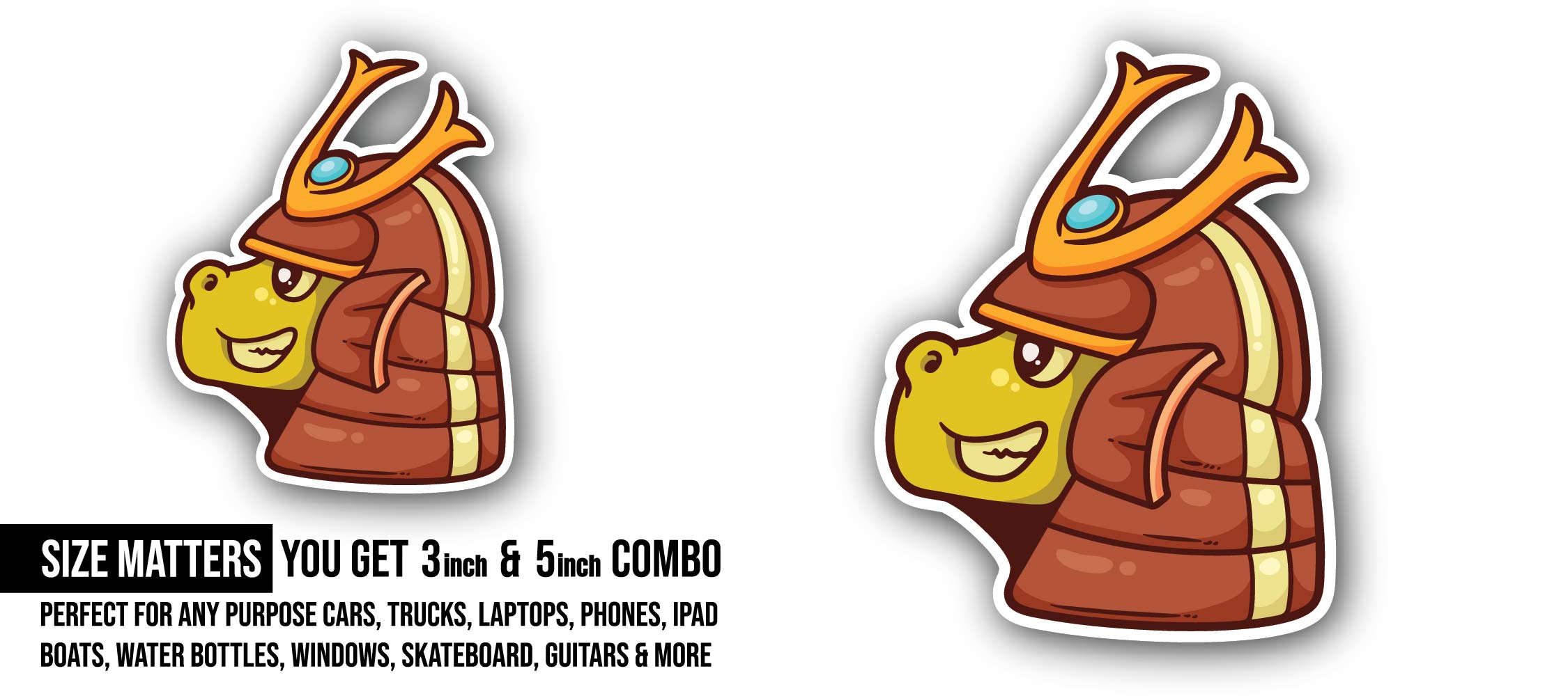 Cute Dinosaur Samurai Sticker, Waterproof Vinyl Decal Sticker Indoor Or Outdoor 2 (Pieces) 3" and 5"