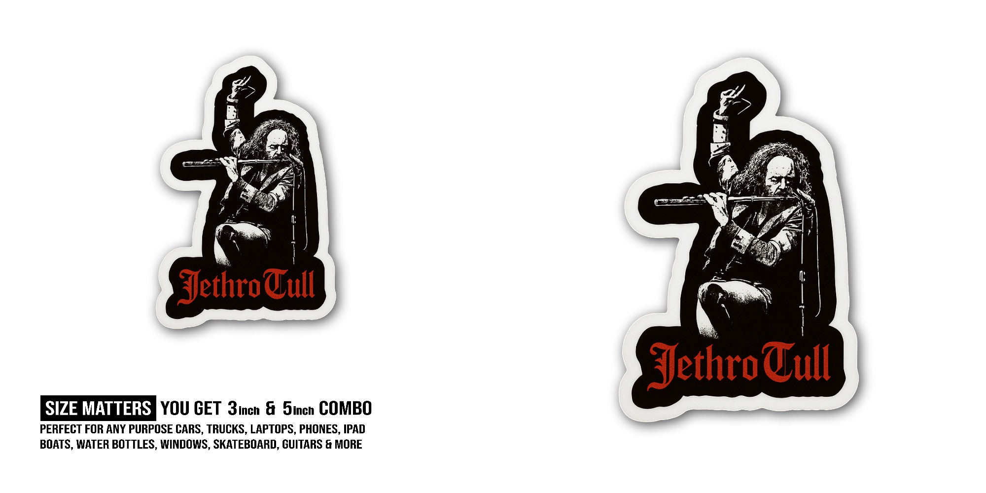Jethro Tull Sticker, Waterproof Vinyl Decal Sticker Indoor Or Outdoor 2 (Pieces) 3" and 5"