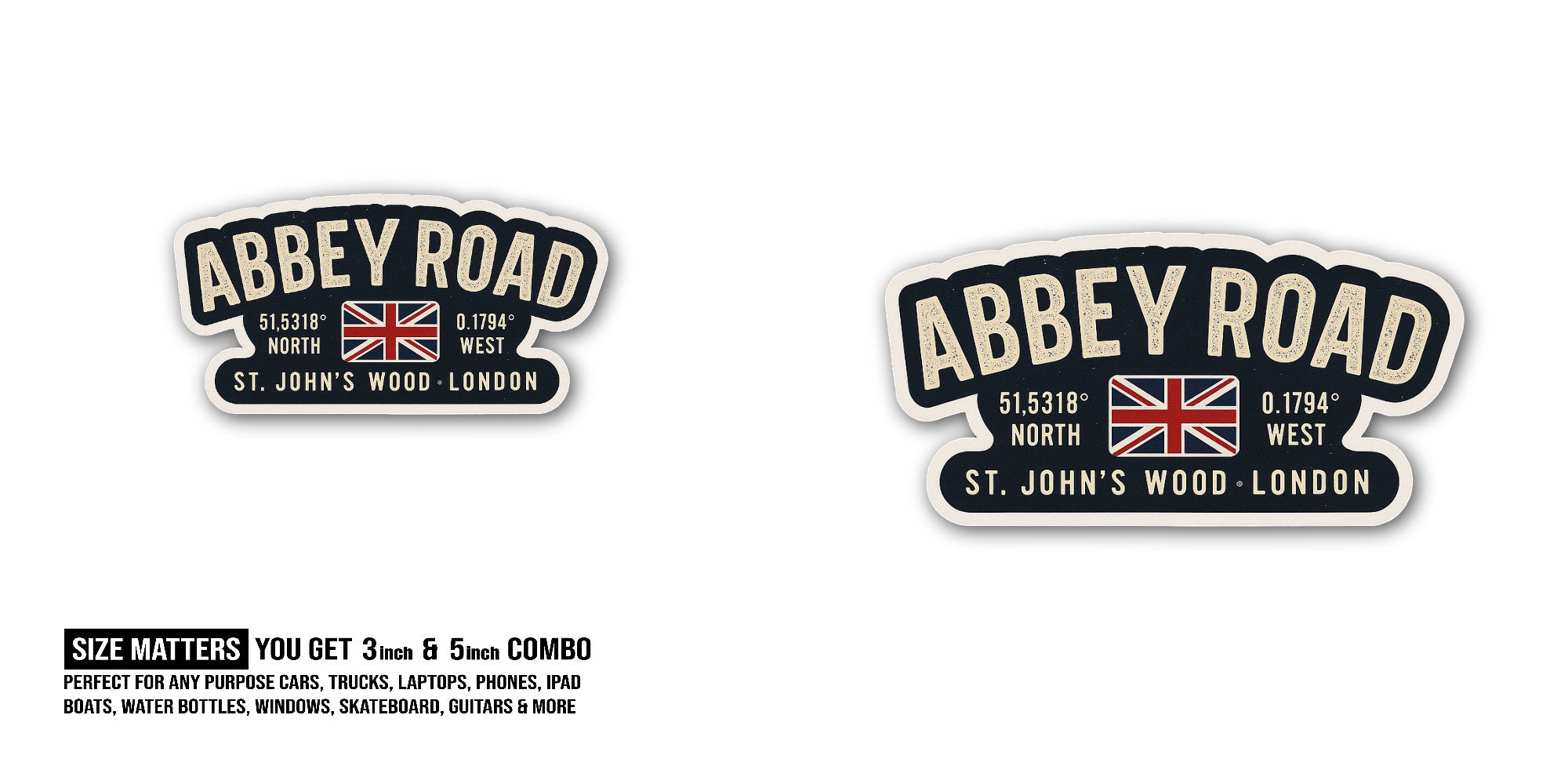 Abbey Road Sticker, Waterproof Vinyl Decal Sticker Indoor Or Outdoor 2 (Pieces) 3" and 5"