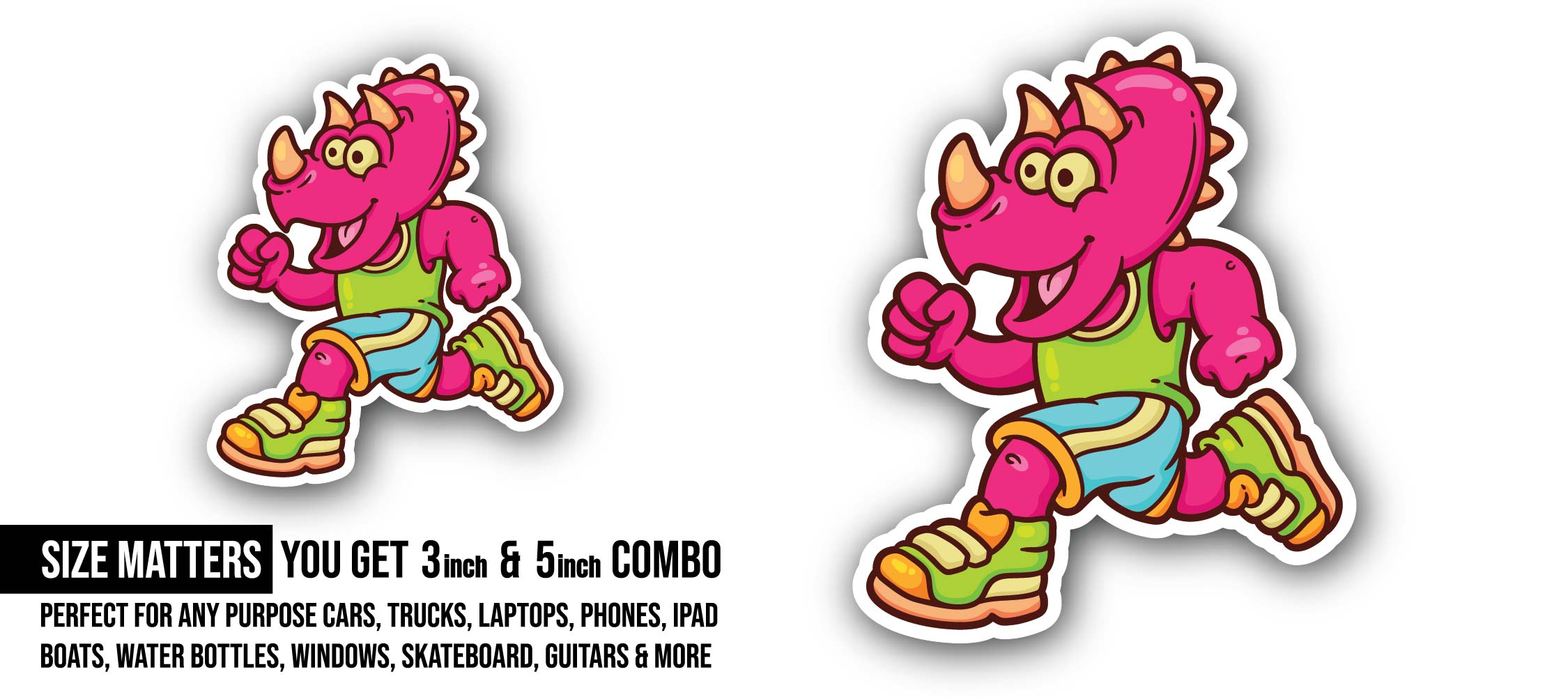 Dinosaur Running Sticker, Waterproof Vinyl Decal Sticker Indoor Or Outdoor 2 (Pieces) 3" and 5"