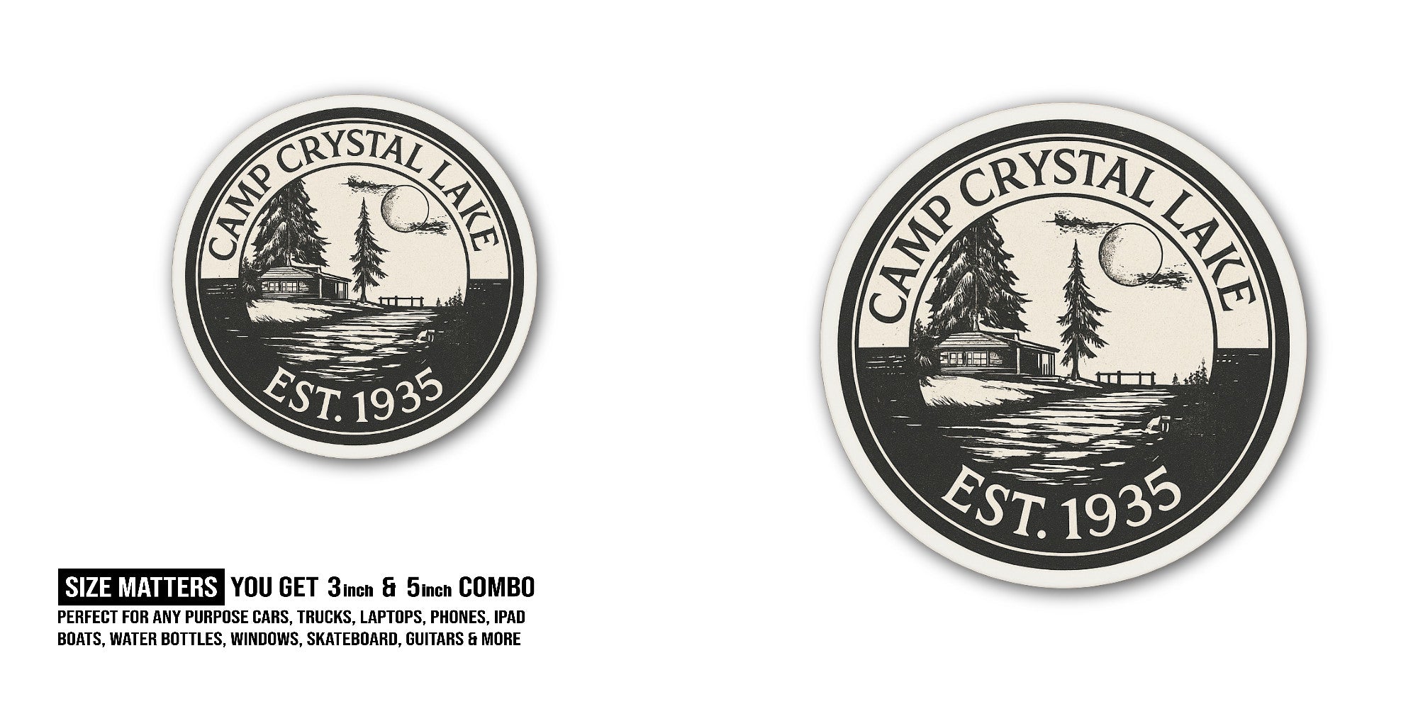 Camp Crystal Lake Sticker, Waterproof Vinyl Decal Sticker Indoor Or Outdoor 2 (Pieces) 3" and 5"