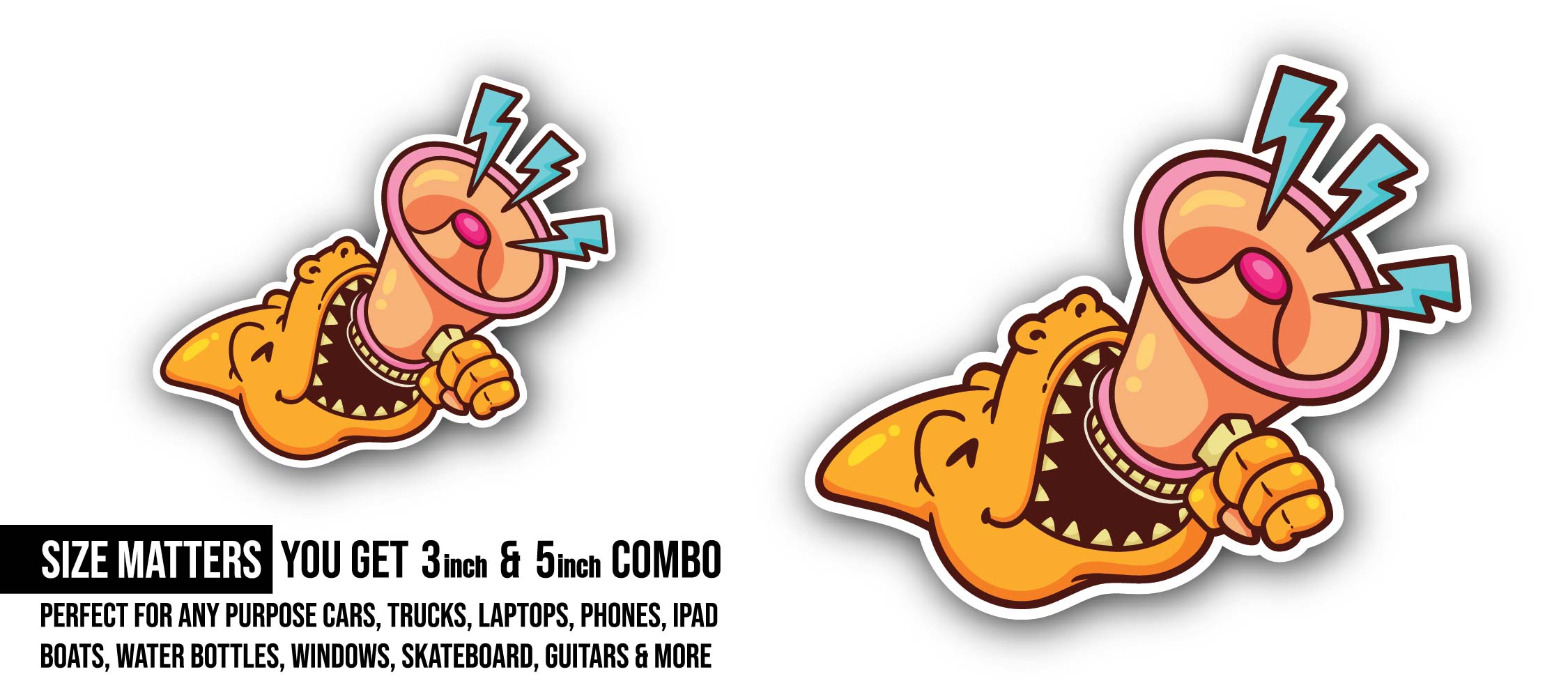 Dinosaur with Speaker Sticker, Waterproof Vinyl Decal Sticker Indoor Or Outdoor 2 (Pieces) 3" and 5"