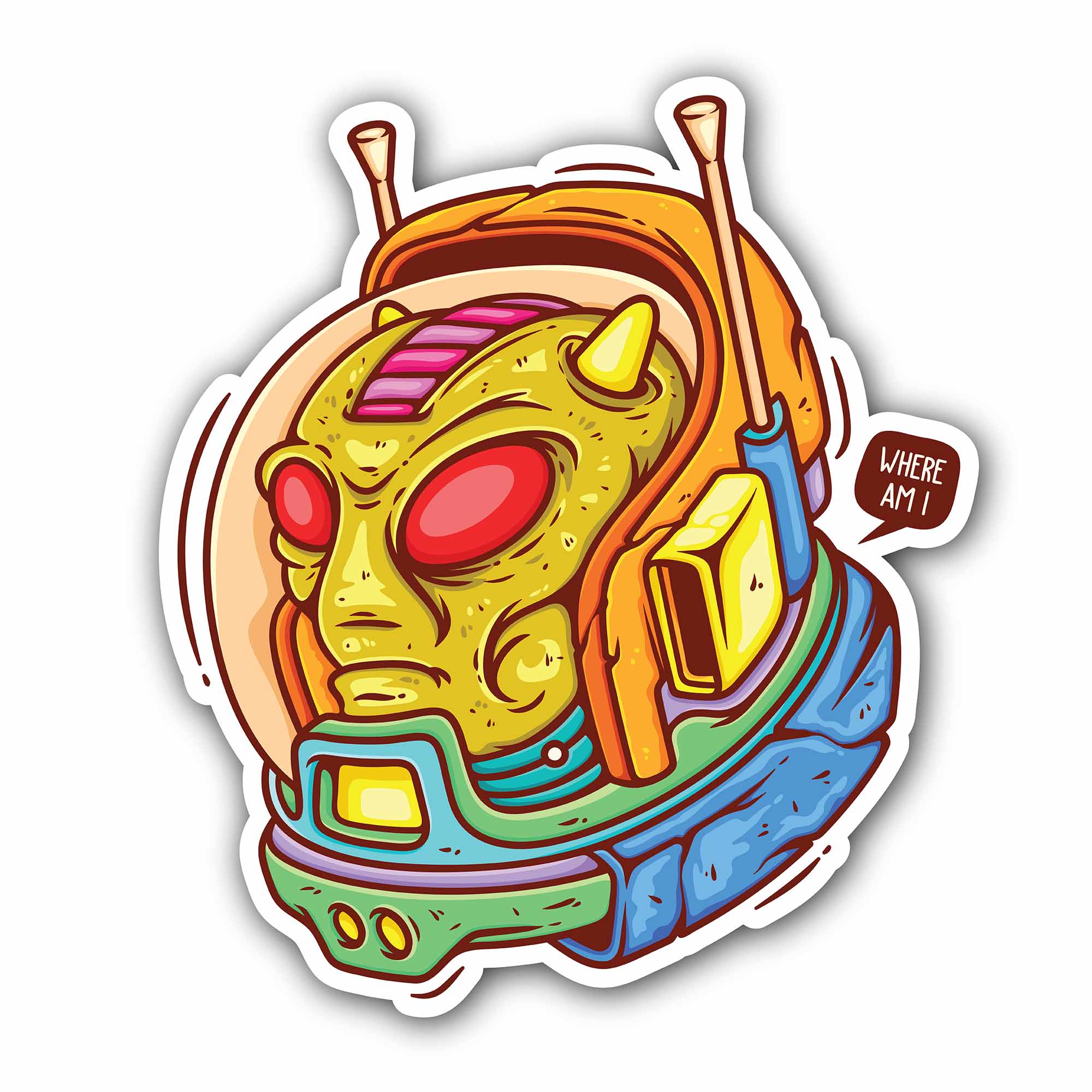 Alien Wearing Sophisticated Helmet Sticker, Waterproof Vinyl Decal Sticker Indoor Or Outdoor 2 (Pieces) 3" and 5"