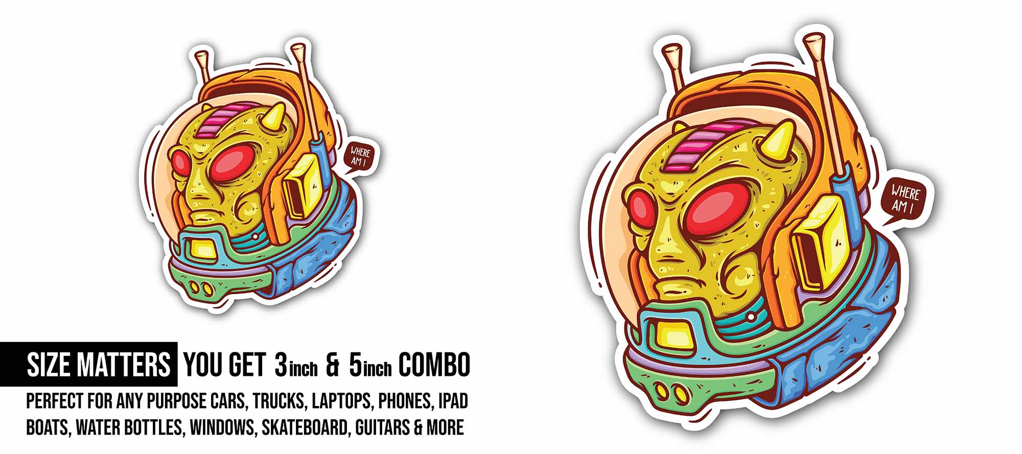 Alien Wearing Sophisticated Helmet Sticker, Waterproof Vinyl Decal Sticker Indoor Or Outdoor 2 (Pieces) 3" and 5"