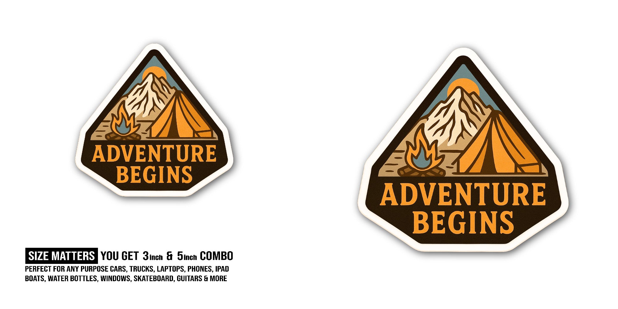 Adventure Begins Sticker, Waterproof Vinyl Decal Sticker Indoor Or Outdoor 2 (Pieces) 3" and 5"