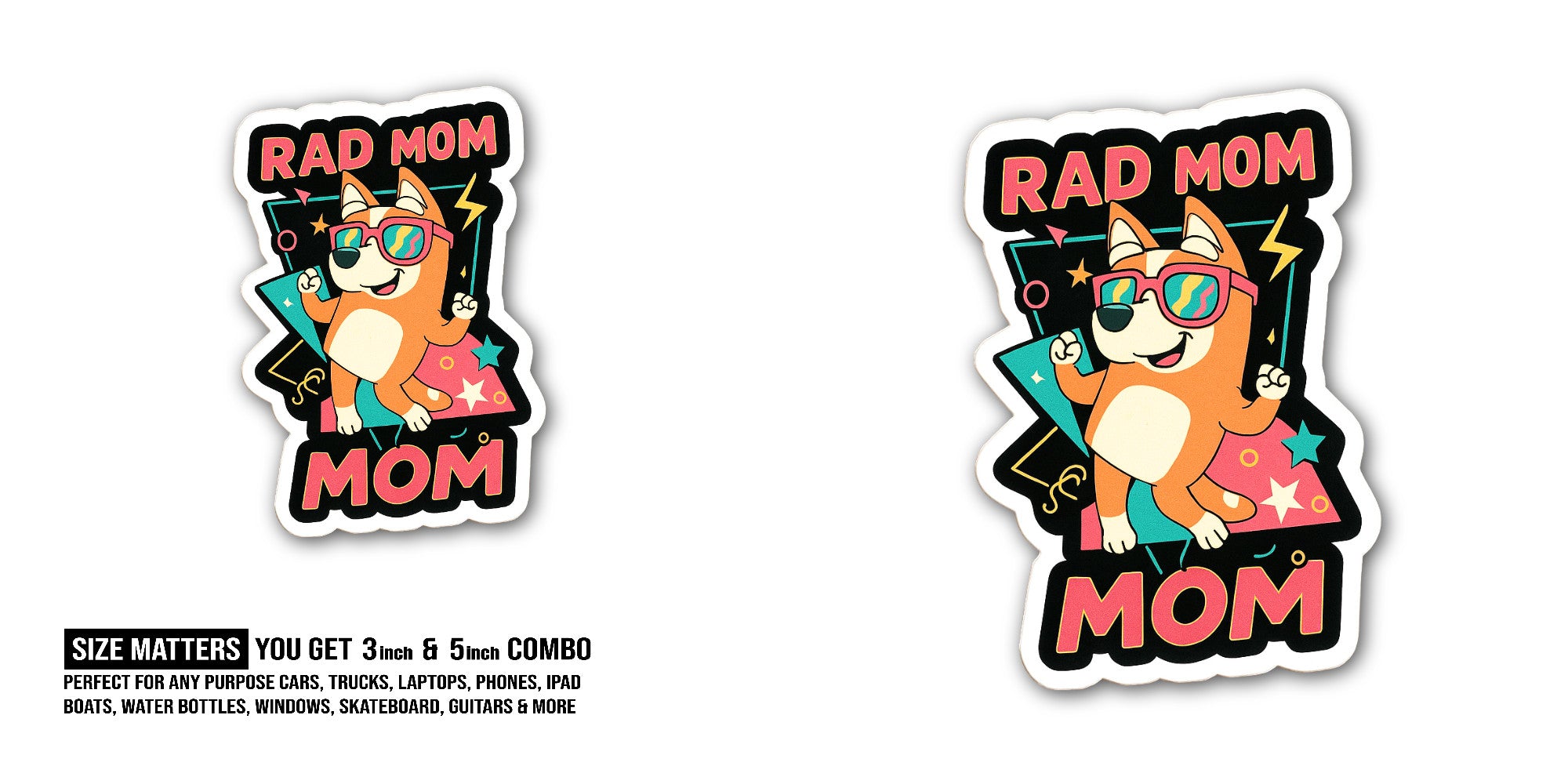 Rad Mom Sticker, Waterproof Vinyl Decal Sticker Indoor Or Outdoor 2 (Pieces) 3" and 5"