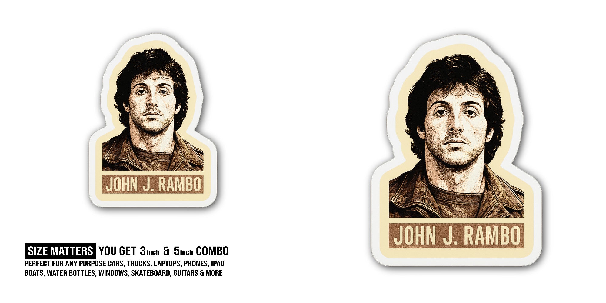 JOHN J. RAMBO Sticker, Waterproof Vinyl Decal Sticker Indoor Or Outdoor 2 (Pieces) 3" and 5"