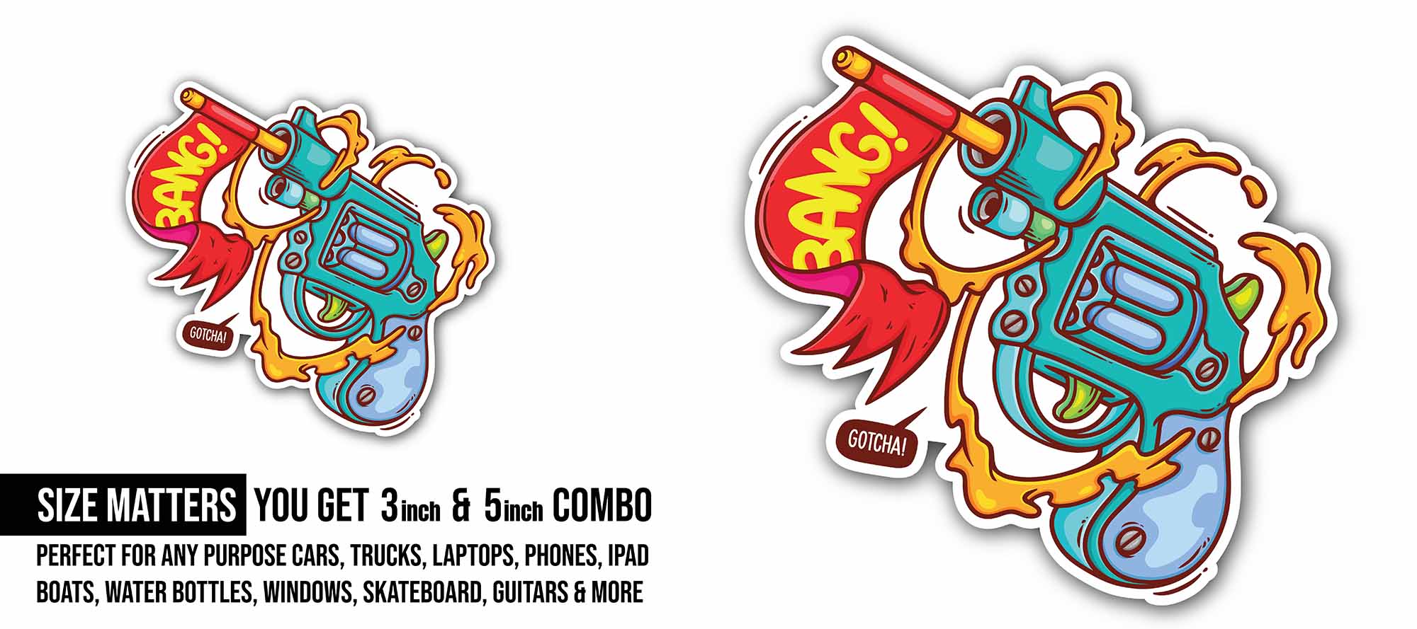 Gun Bang Sticker, Waterproof Vinyl Decal Sticker Indoor Or Outdoor 2 (Pieces) 3" and 5"
