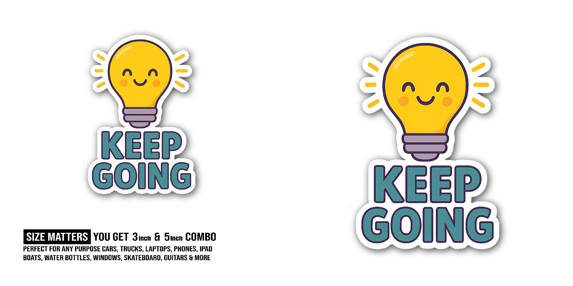 KEEP GOING & Cute Bulb Sticker, Waterproof Vinyl Decal Sticker Indoor Or Outdoor 2 (Pieces) 3" and 5"
