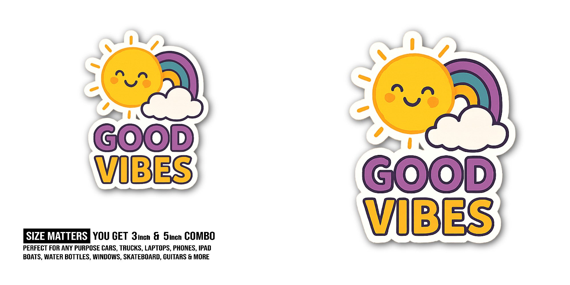 Sun & Cute Colorful rainbow Sticker, Waterproof Vinyl Decal Sticker Indoor Or Outdoor 2 (Pieces) 3" and 5"