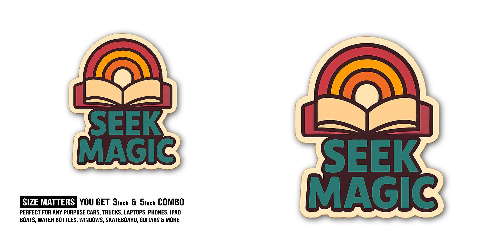 SEEK MAGIC Book Sticker, Waterproof Vinyl Decal Sticker Indoor Or Outdoor 2 (Pieces) 3" and 5"