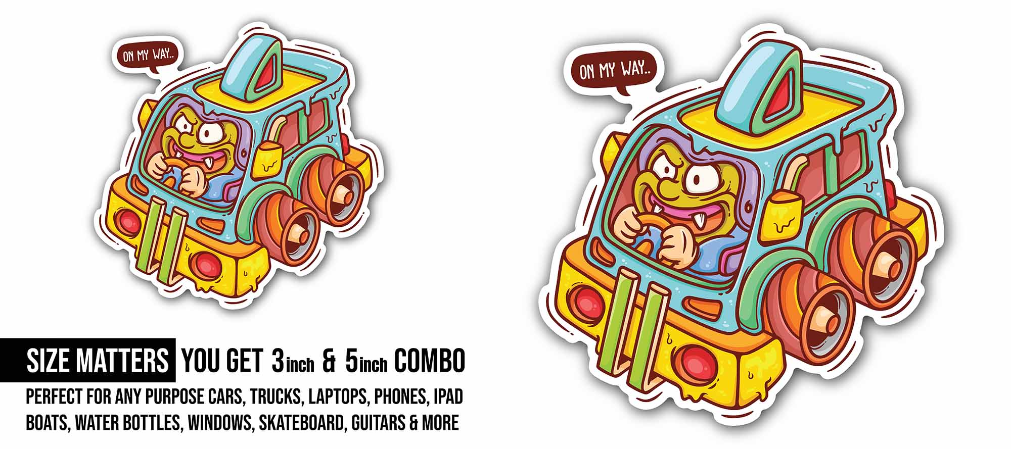 A Cartoon of A Car Sticker, Waterproof Vinyl Decal Sticker Indoor Or Outdoor 2 (Pieces) 3" and 5"