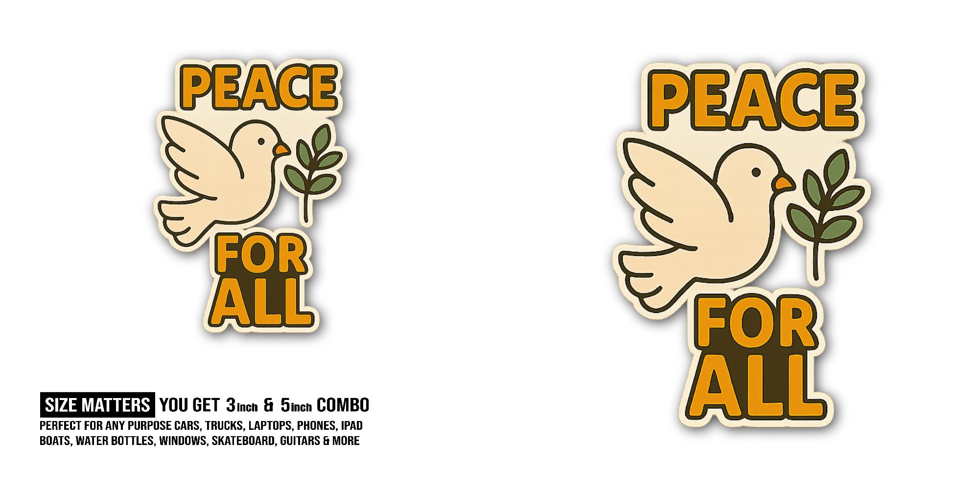 PEACE FOR ALL & Peace Bird Sticker, Waterproof Vinyl Decal Sticker Indoor Or Outdoor 2 (Pieces) 3" and 5"