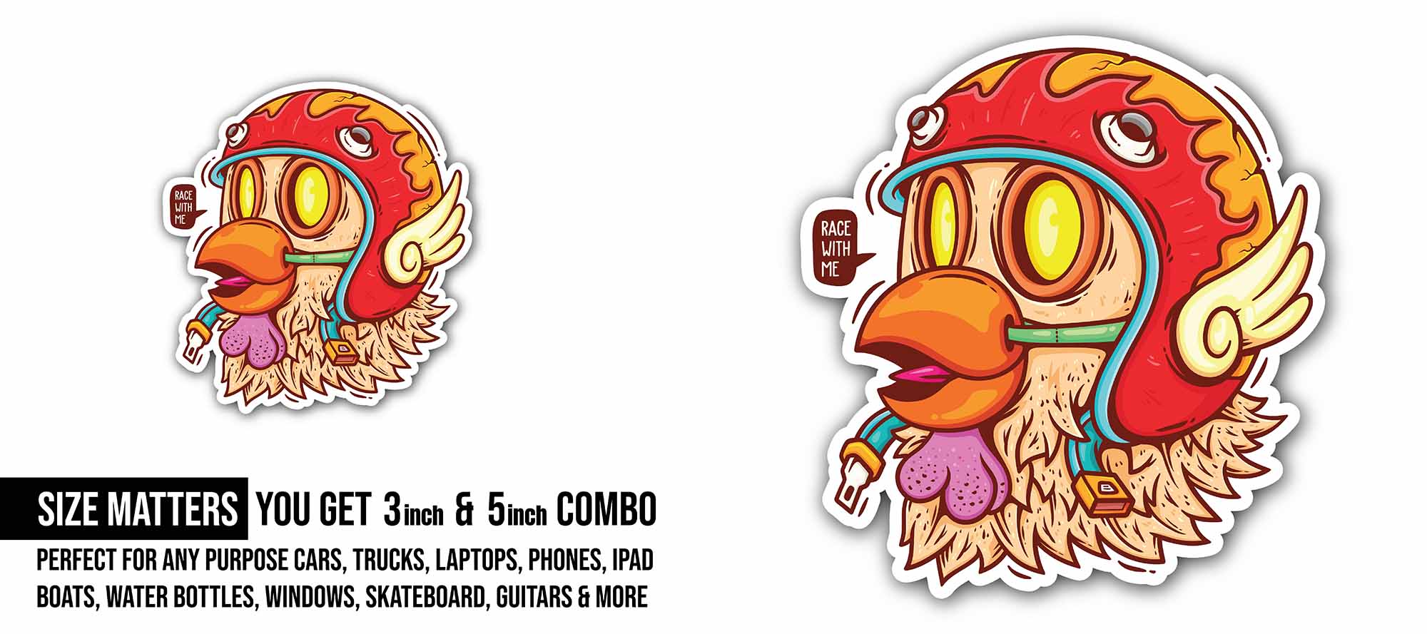 Racer Chicken Sticker, Waterproof Vinyl Decal Sticker Indoor Or Outdoor 2 (Pieces) 3" and 5"