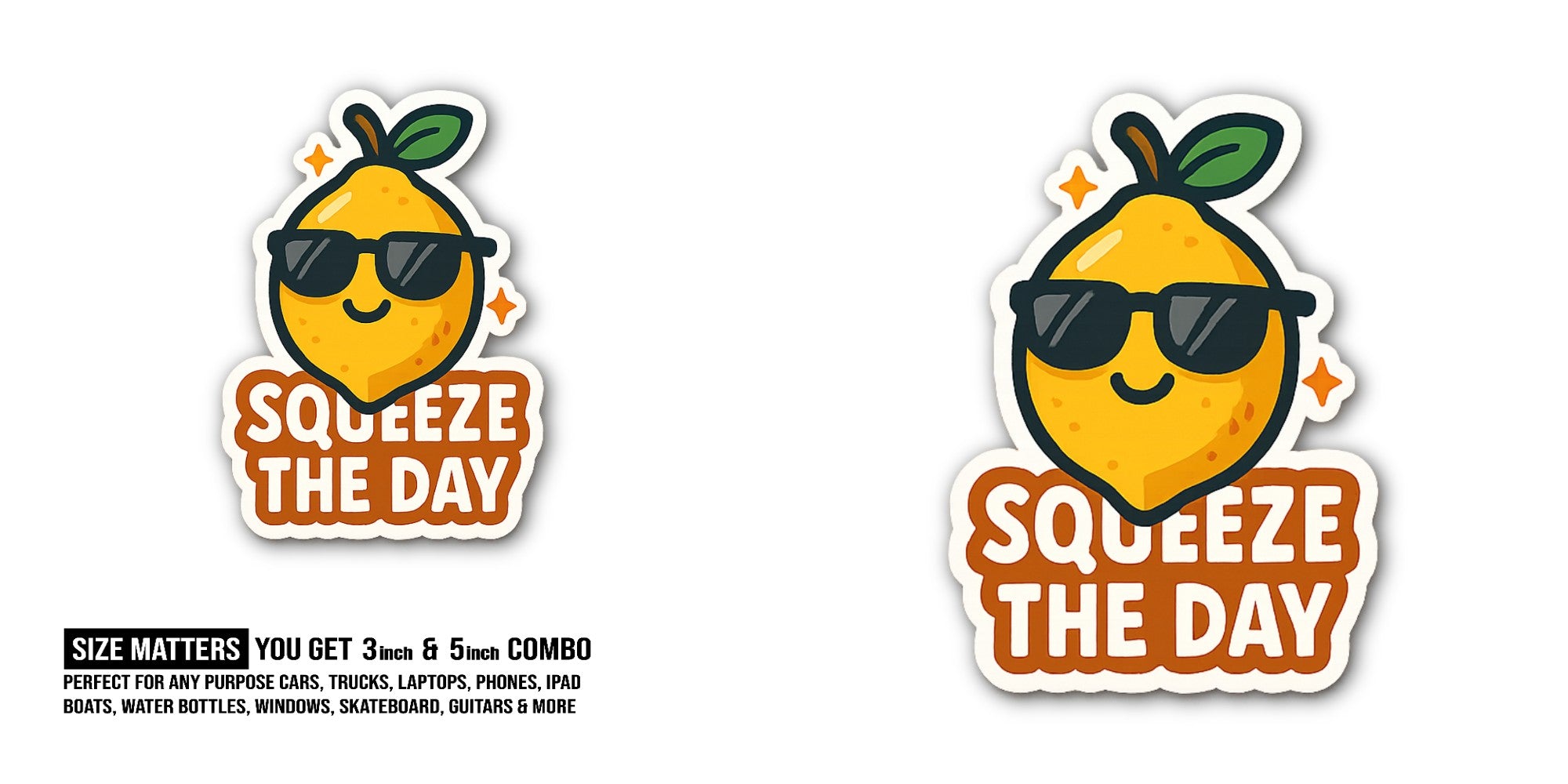 SQUEEZE THE DAY Sticker, Waterproof Vinyl Decal Sticker Indoor Or Outdoor 2 (Pieces) 3" and 5"