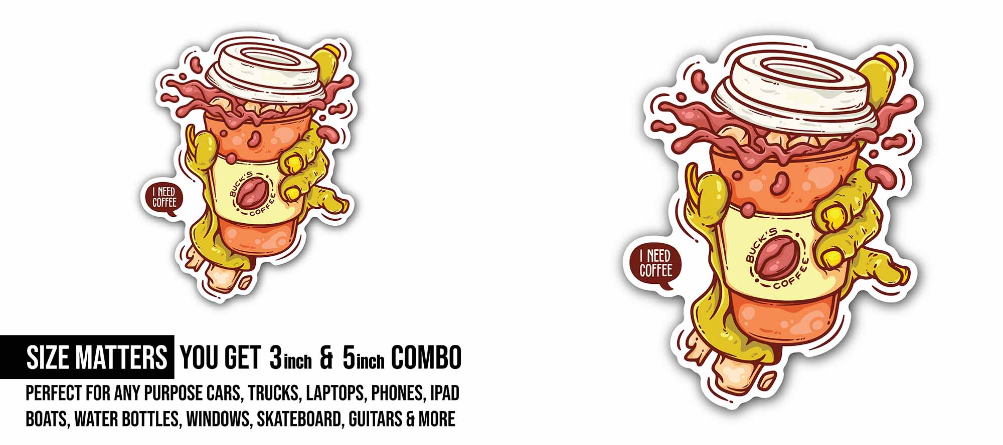 Coffee Cup Sticker, Waterproof Vinyl Decal Sticker Indoor Or Outdoor 2 (Pieces) 3" and 5"