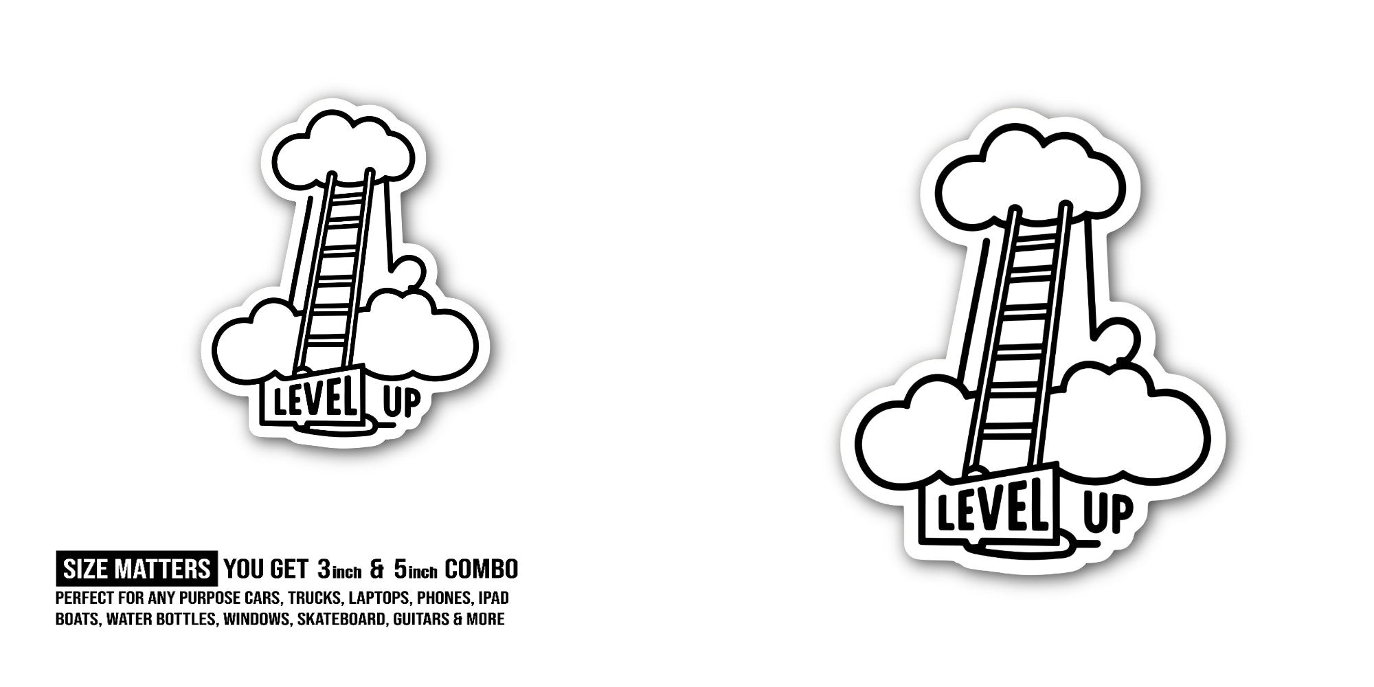 LEVEL UP & Ladder Sticker, Waterproof Vinyl Decal Sticker Indoor Or Outdoor 2 (Pieces) 3" and 5"