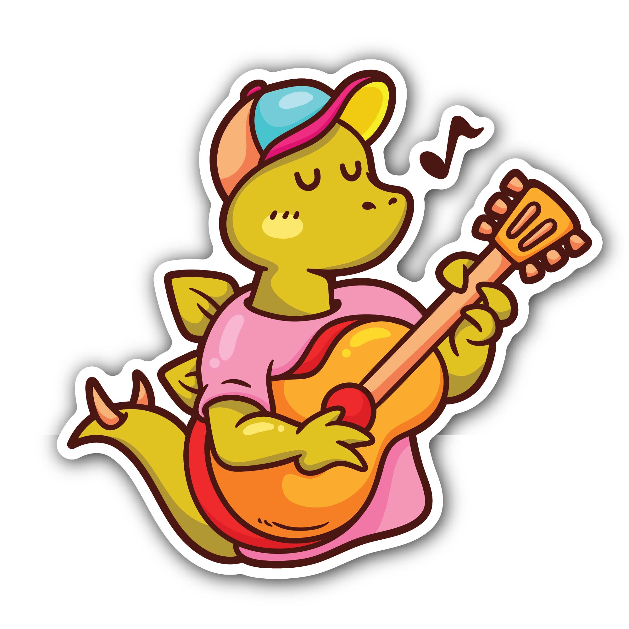 Dinosaur Playing Guitar Sticker, Waterproof Vinyl Decal Sticker Indoor Or Outdoor 2 (Pieces) 3" and 5"