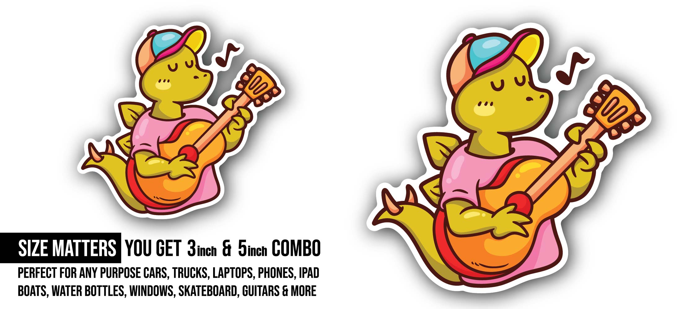 Dinosaur Playing Guitar Sticker, Waterproof Vinyl Decal Sticker Indoor Or Outdoor 2 (Pieces) 3" and 5"