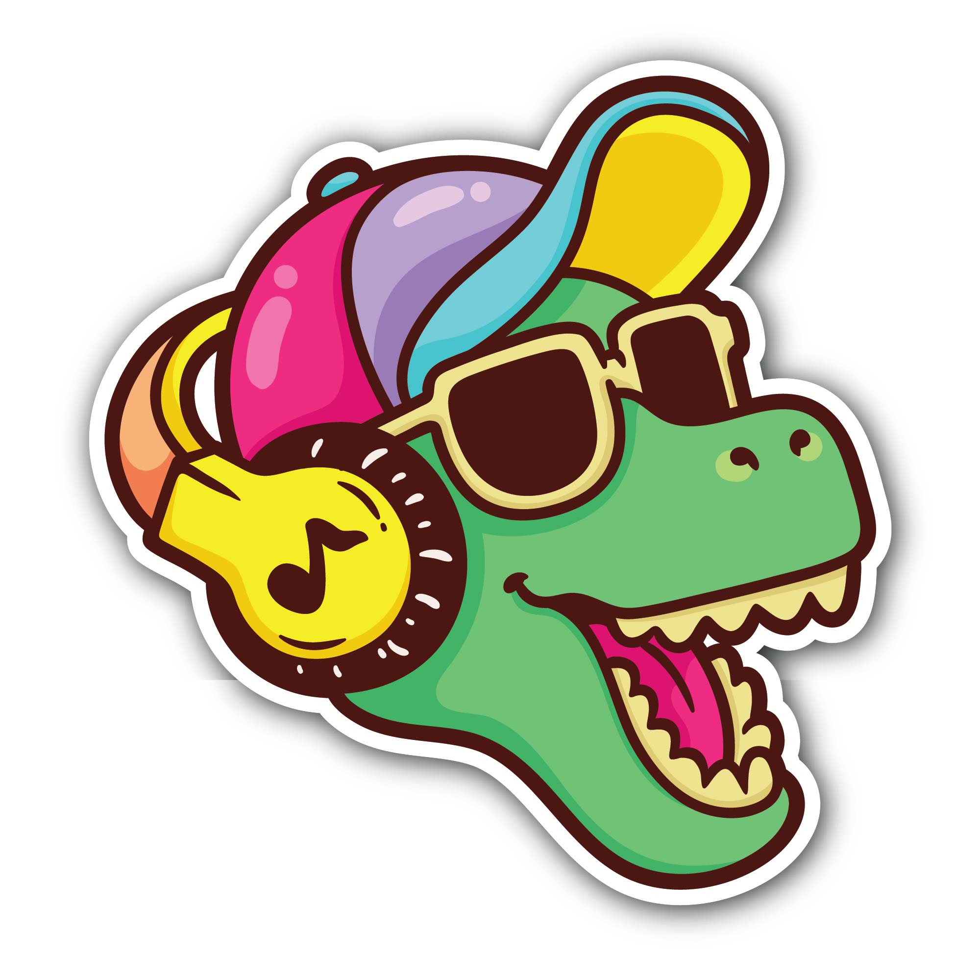 Dinosaur in Headphone and Sunglasses Sticker, Waterproof Vinyl Decal Sticker Indoor Or Outdoor 2 (Pieces) 3" and 5"