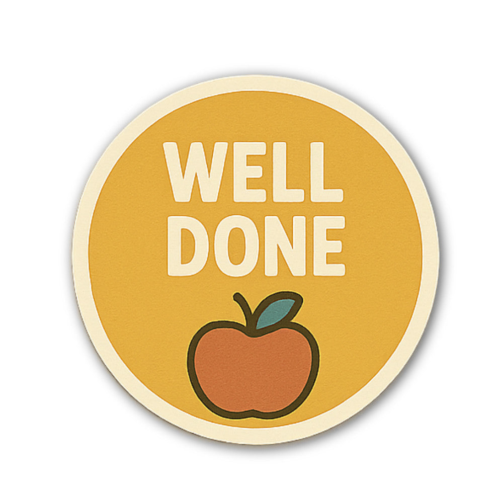WELL DONE With Apple Sticker, Waterproof Vinyl Decal Sticker Indoor Or Outdoor 2 (Pieces) 3" and 5"