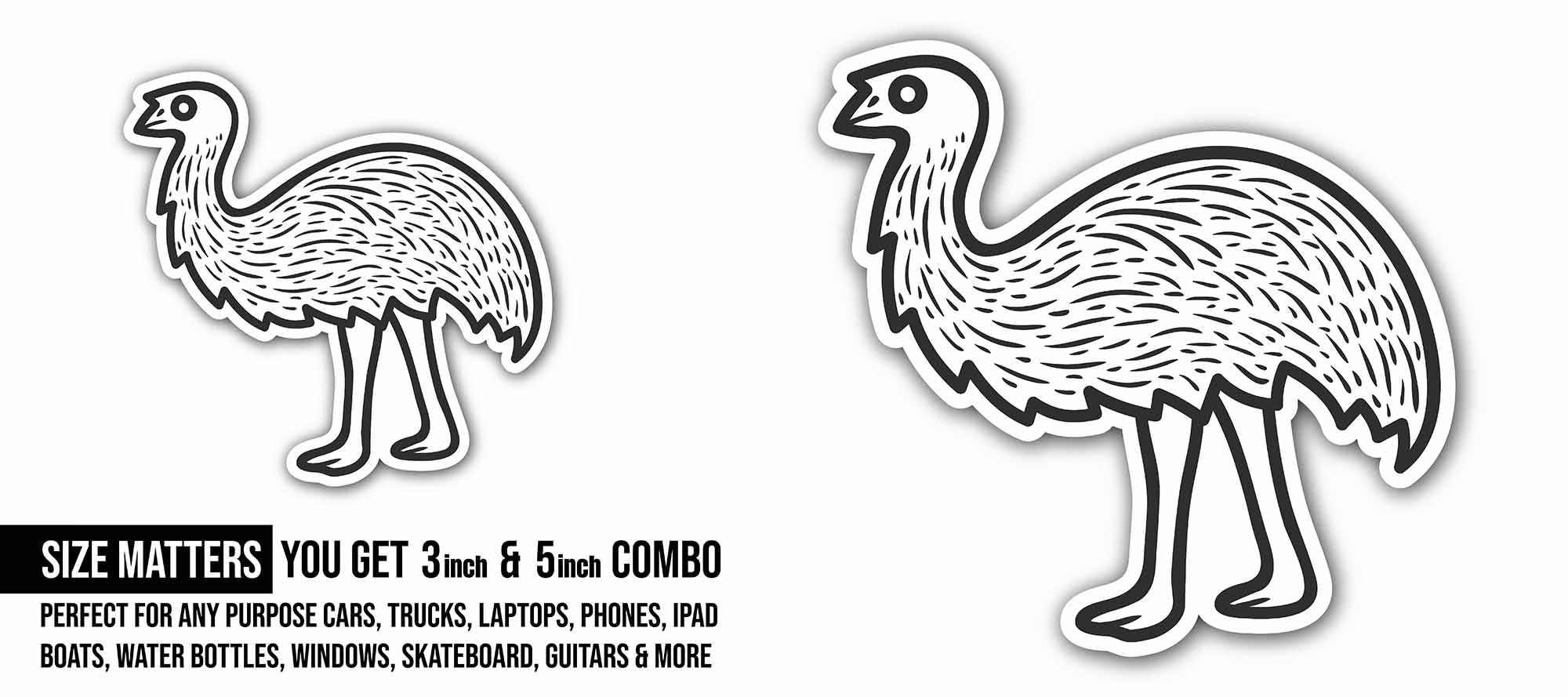 Emu Vector Sticker, Waterproof Vinyl Decal Sticker Indoor Or Outdoor 2 (Pieces) 3" and 5"
