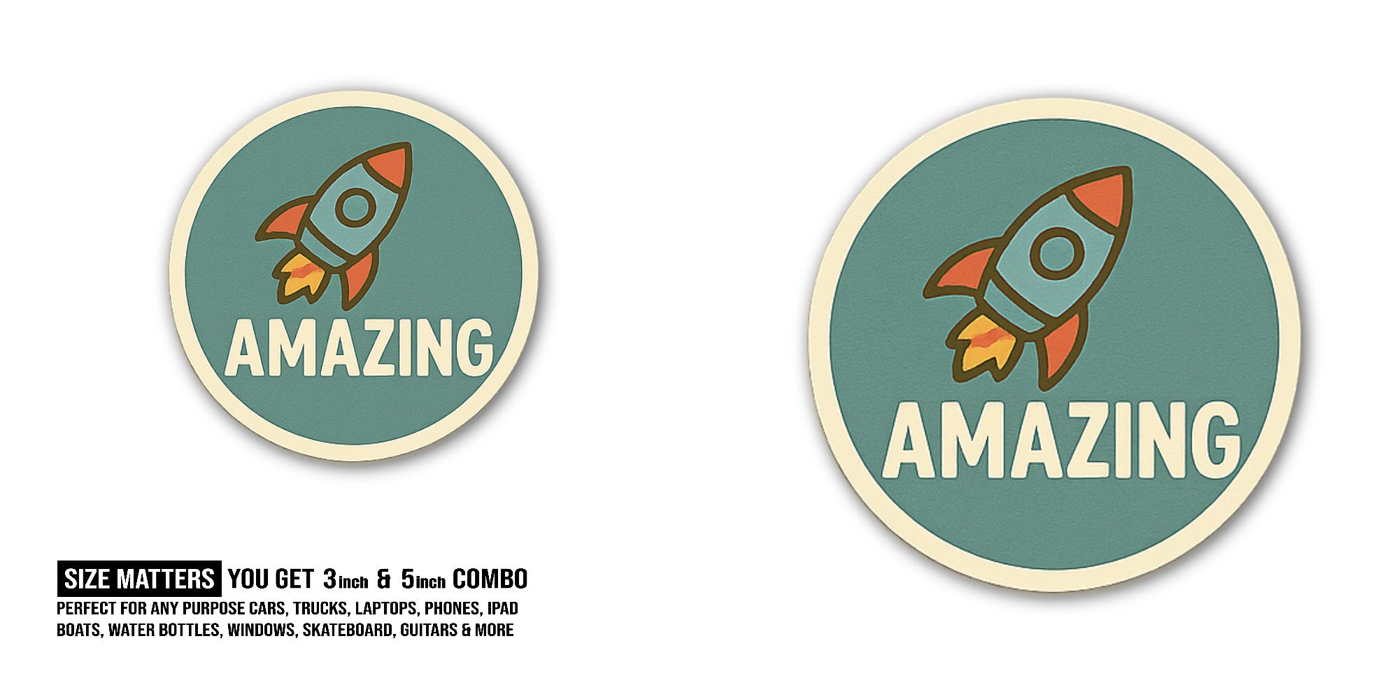 AMAZING Super Rocket Sticker, Waterproof Vinyl Decal Sticker Indoor Or Outdoor 2 (Pieces) 3" and 5"