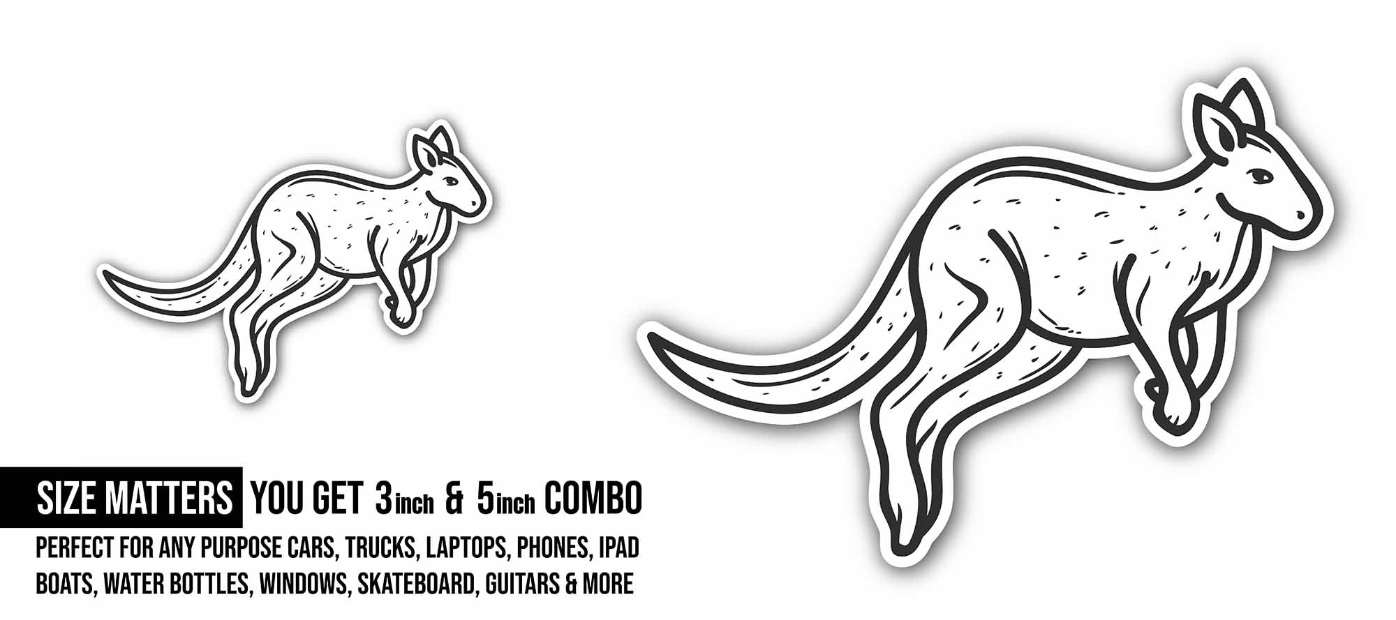 Kangaroo Vector Art Sticker, Waterproof Vinyl Decal Sticker Indoor Or Outdoor 2 (Pieces) 3" and 5"