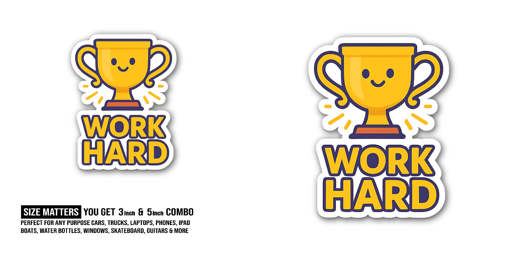 W@RK HARD Yellow Text Sticker, Waterproof Vinyl Decal Sticker Indoor Or Outdoor 2 (Pieces) 3" and 5"