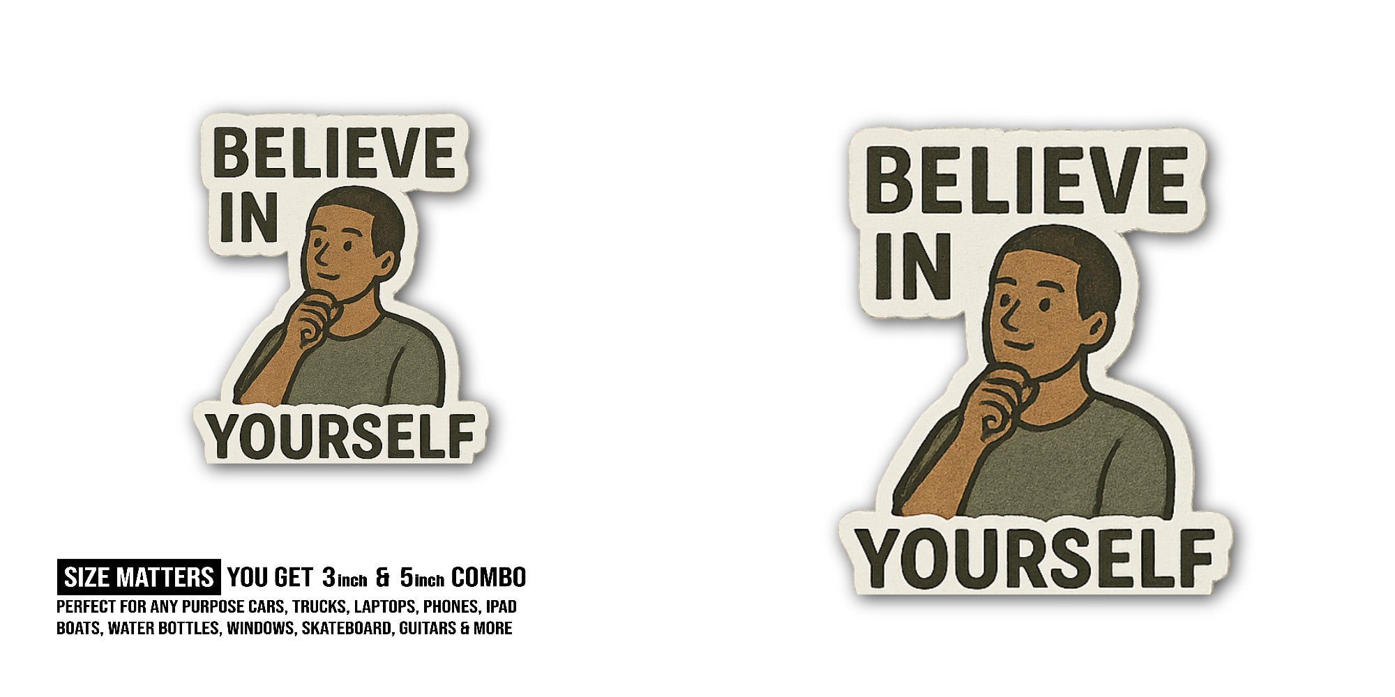 Man, with a thoughtful expression Sticker, Waterproof Vinyl Decal Sticker Indoor Or Outdoor 2 (Pieces) 3" and 5"