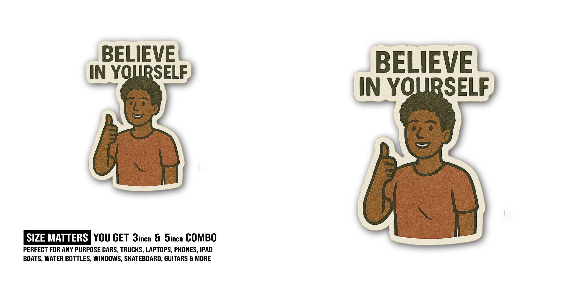 Young man with curly hair Sticker, Waterproof Vinyl Decal Sticker Indoor Or Outdoor 2 (Pieces) 3" and 5"