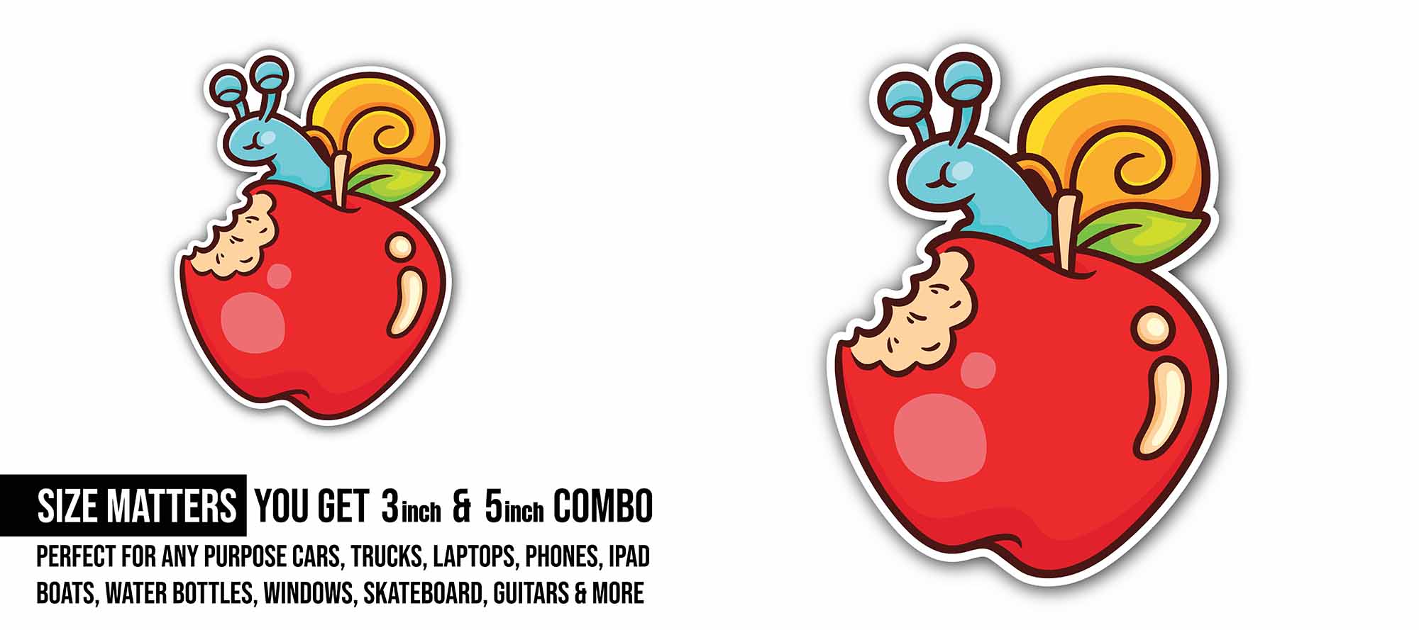Snail Eating with Apple Sticker, Waterproof Vinyl Decal Sticker Indoor Or Outdoor 2 (Pieces) 3" and 5"