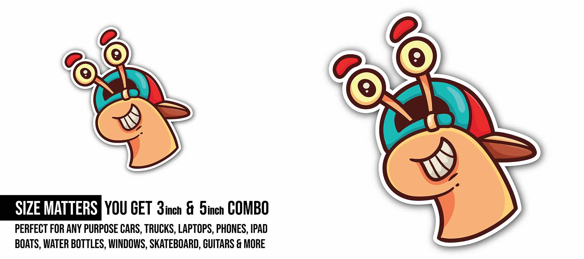 Smiling with Snail Sticker, Waterproof Vinyl Decal Sticker Indoor Or Outdoor 2 (Pieces) 3" and 5"