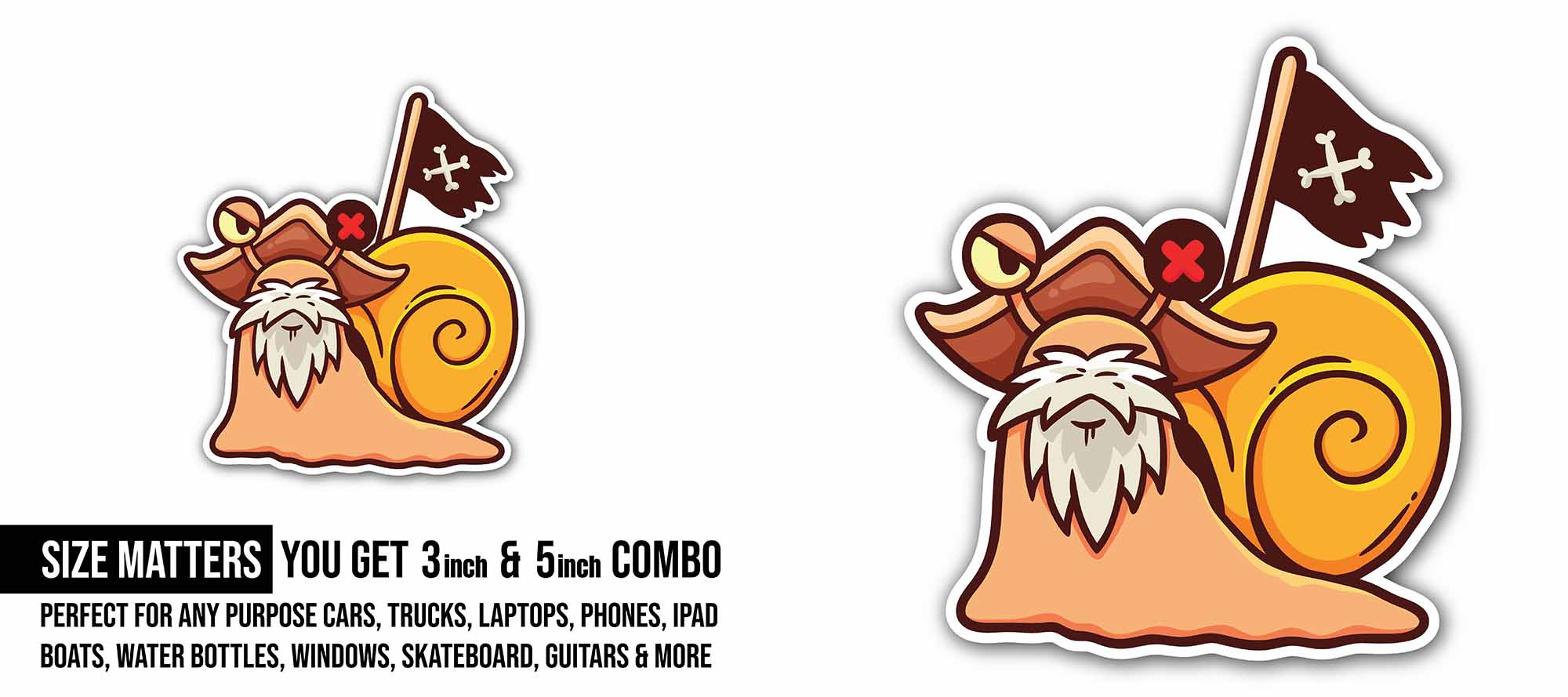 Pirates Snail Sticker, Waterproof Vinyl Decal Sticker Indoor Or Outdoor 2 (Pieces) 3" and 5"