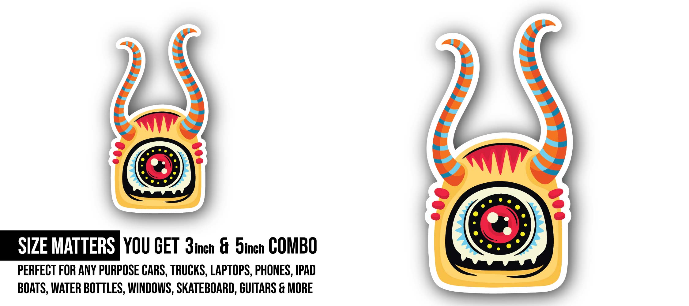 Cute Monster Sticker, Waterproof Vinyl Decal Sticker Indoor Or Outdoor 2 (Pieces) 3" and 5"