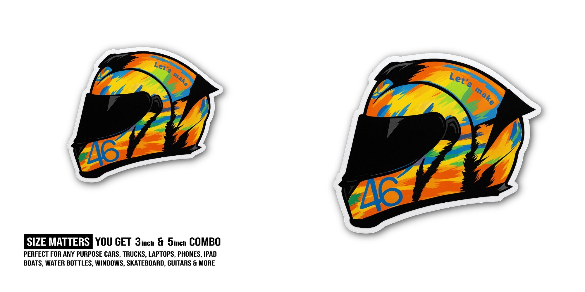 Colorful motorcycle helmet Sticker, Waterproof Vinyl Decal Sticker Indoor Or Outdoor 2 (Pieces) 3" and 5"