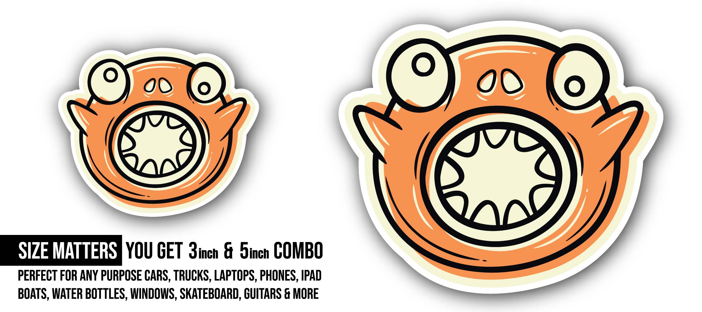 Orange Monster Sticker, Waterproof Vinyl Decal Sticker Indoor Or Outdoor 2 (Pieces) 3" and 5"