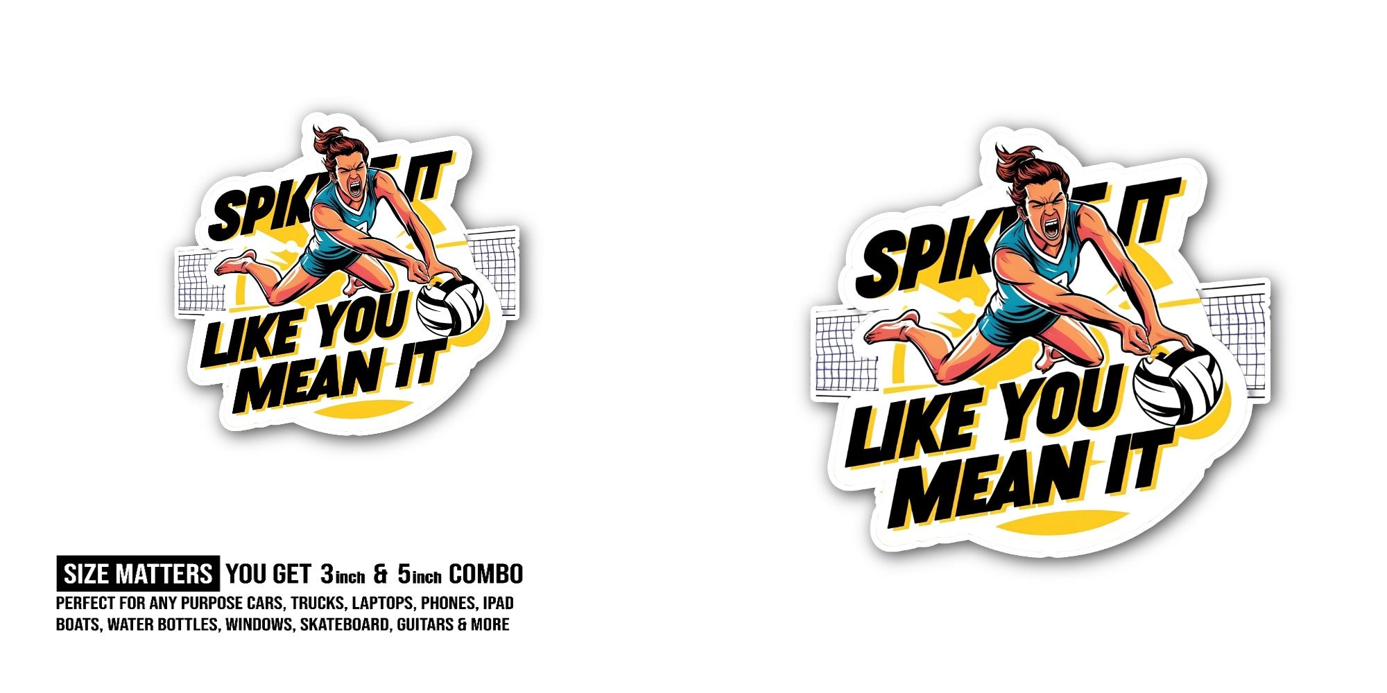 Spike It Volleyball Player Sticker, Waterproof Vinyl Decal Sticker Indoor Or Outdoor 2 (Pieces) 3" and 5"