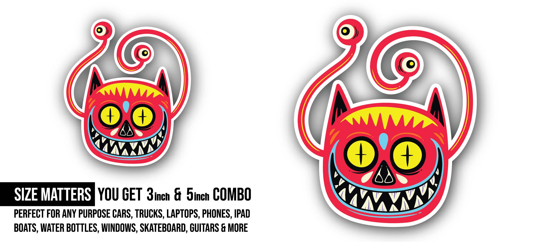 Red Monster Sticker, Waterproof Vinyl Decal Sticker Indoor Or Outdoor 2 (Pieces) 3" and 5"