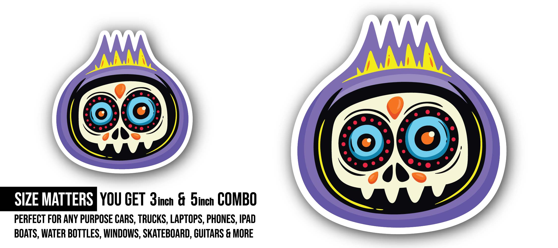 Skull Sticker, Waterproof Vinyl Decal Sticker Indoor Or Outdoor 2 (Pieces) 3" and 5"