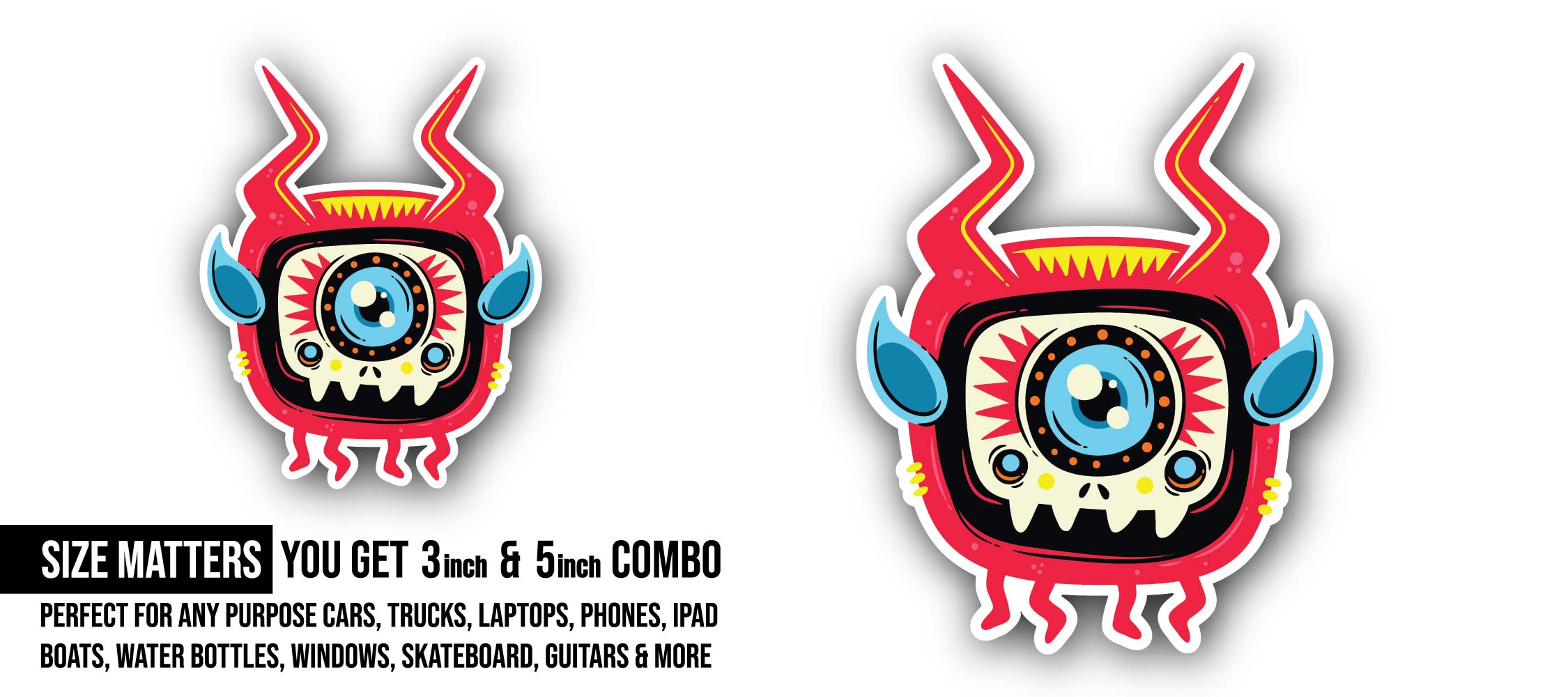Red Color Monster Sticker, Waterproof Vinyl Decal Sticker Indoor Or Outdoor 2 (Pieces) 3" and 5"