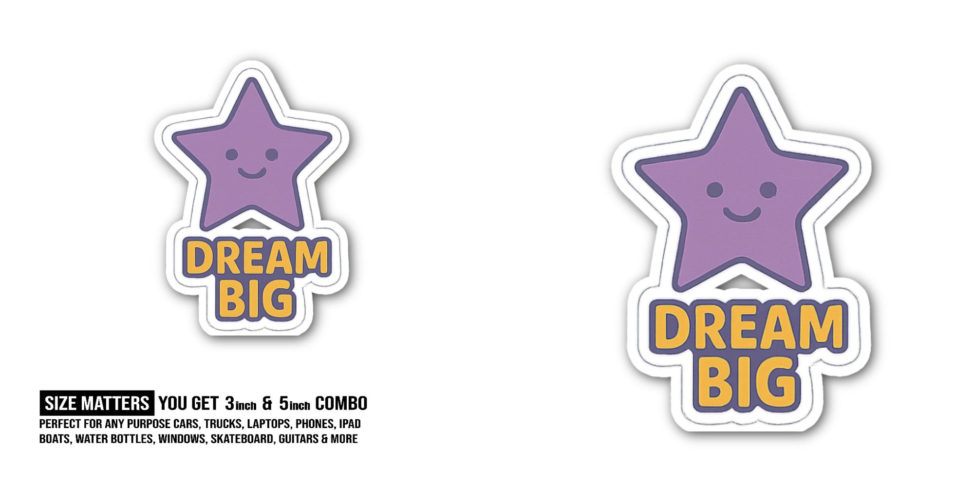 Dream Big Purple Star Sticker, Waterproof Vinyl Decal Sticker Indoor Or Outdoor 2 (Pieces) 3" and 5"