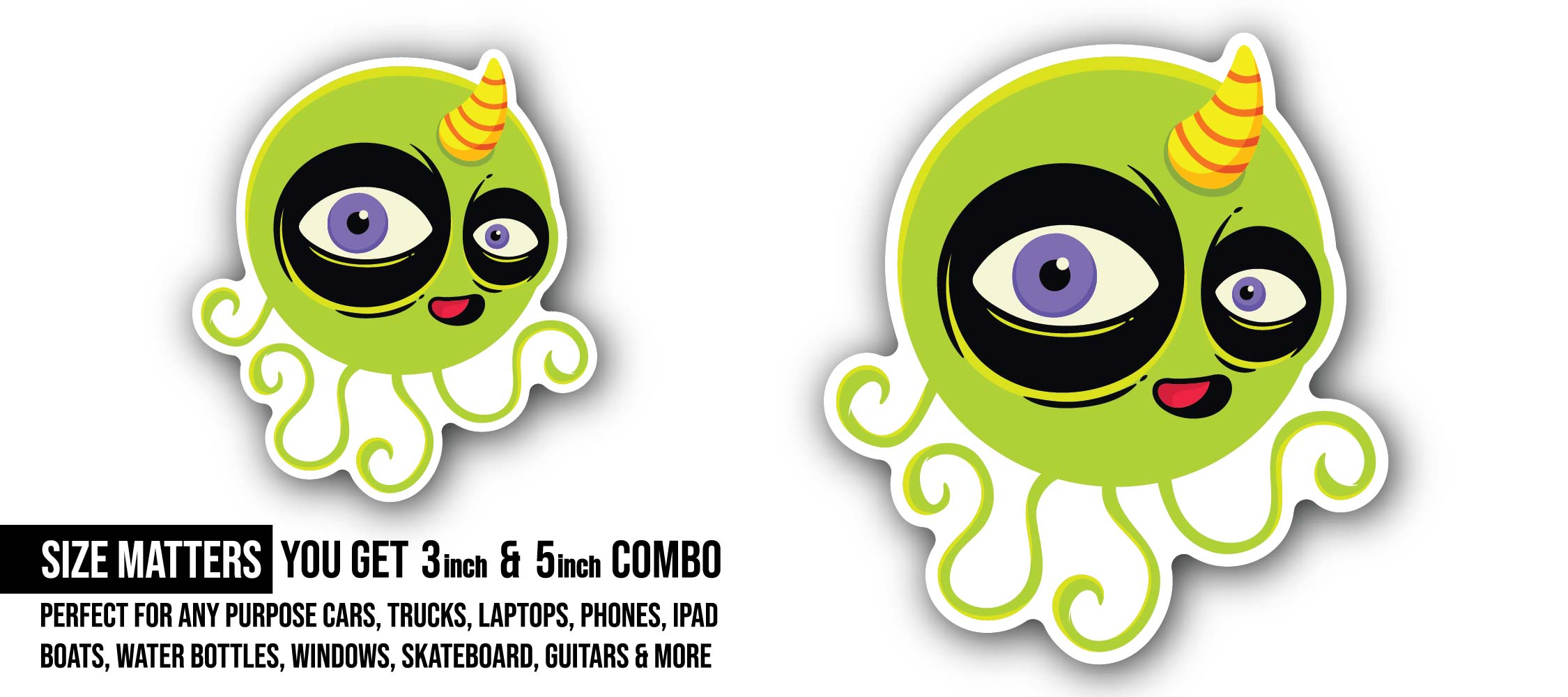 Green Octopus Sticker, Waterproof Vinyl Decal Sticker Indoor Or Outdoor 2 (Pieces) 3" and 5"