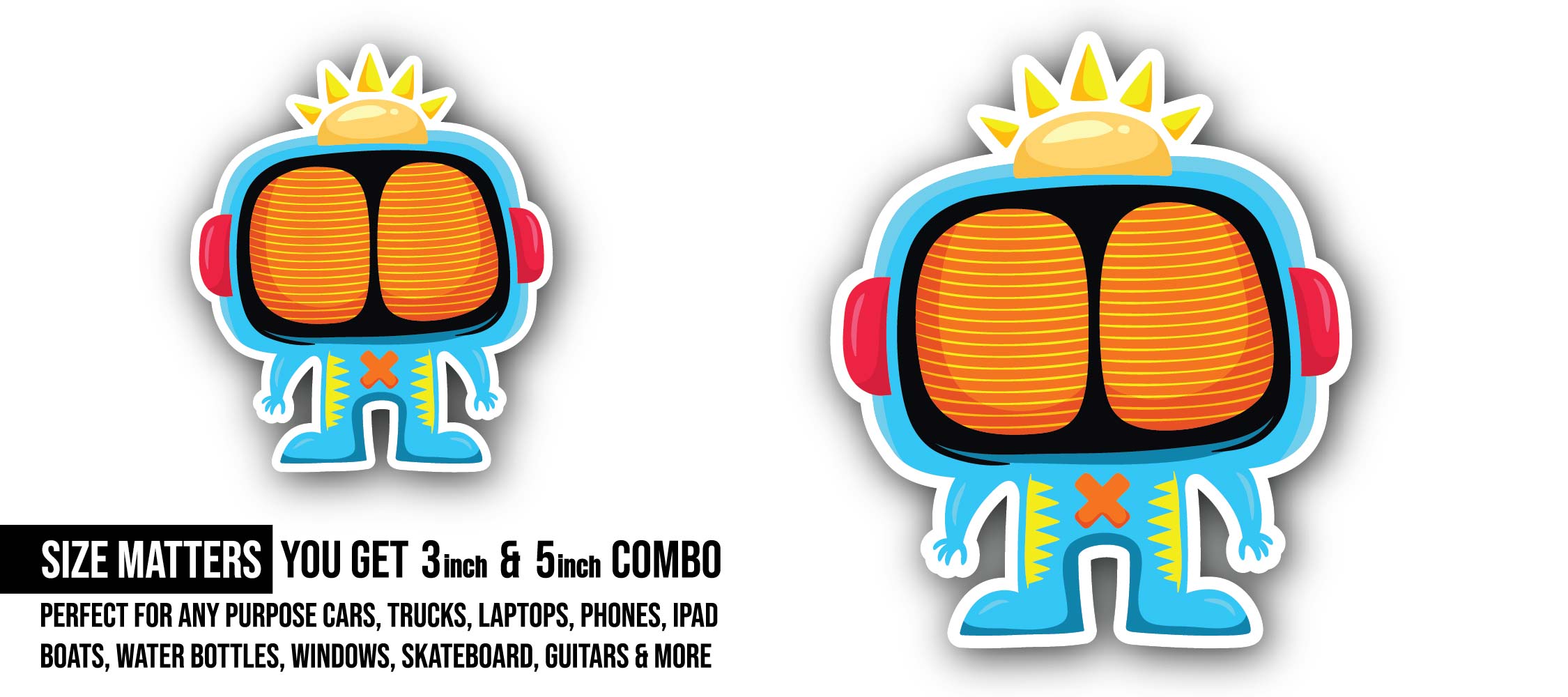 Robot with Blue Face Sticker, Waterproof Vinyl Decal Sticker Indoor Or Outdoor 2 (Pieces) 3" and 5"