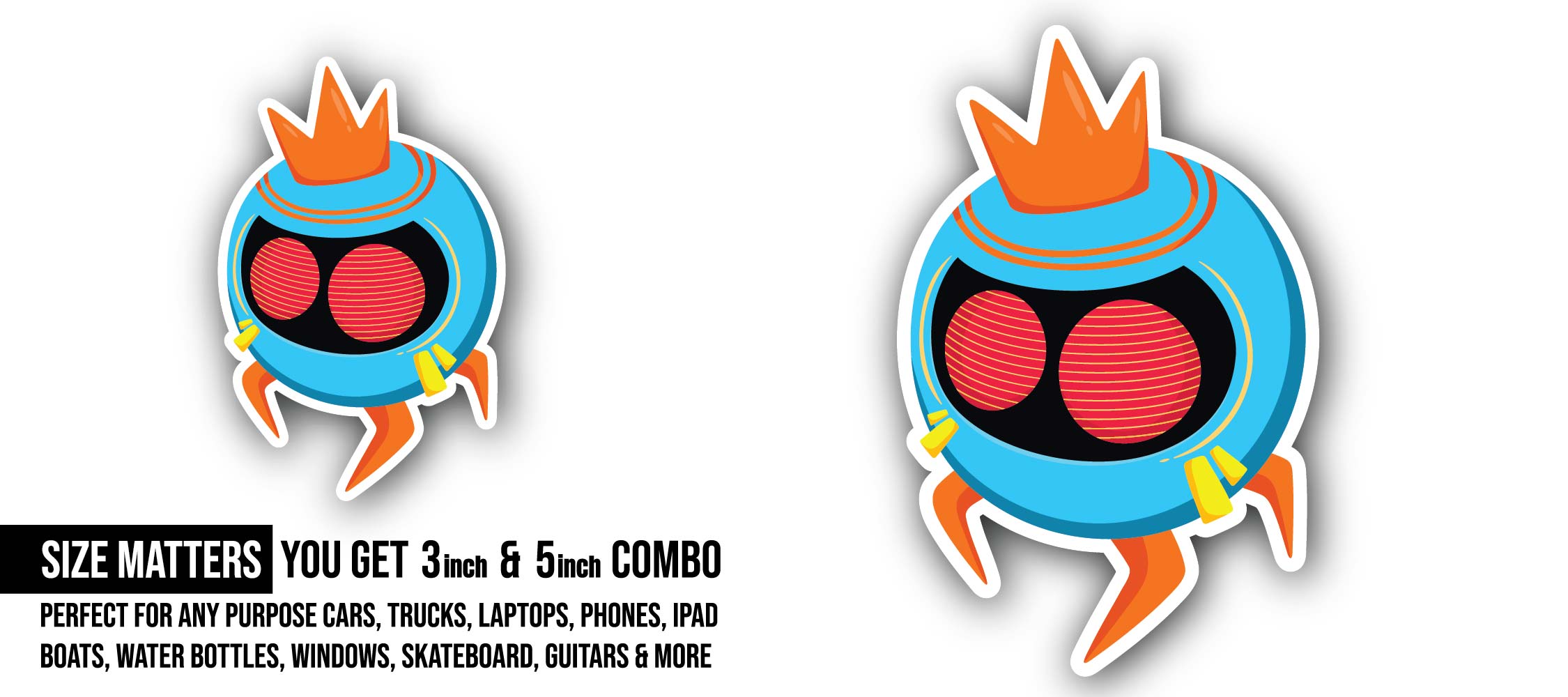 Cute Monster Robot Sticker, Waterproof Vinyl Decal Sticker Indoor Or Outdoor 2 (Pieces) 3" and 5"