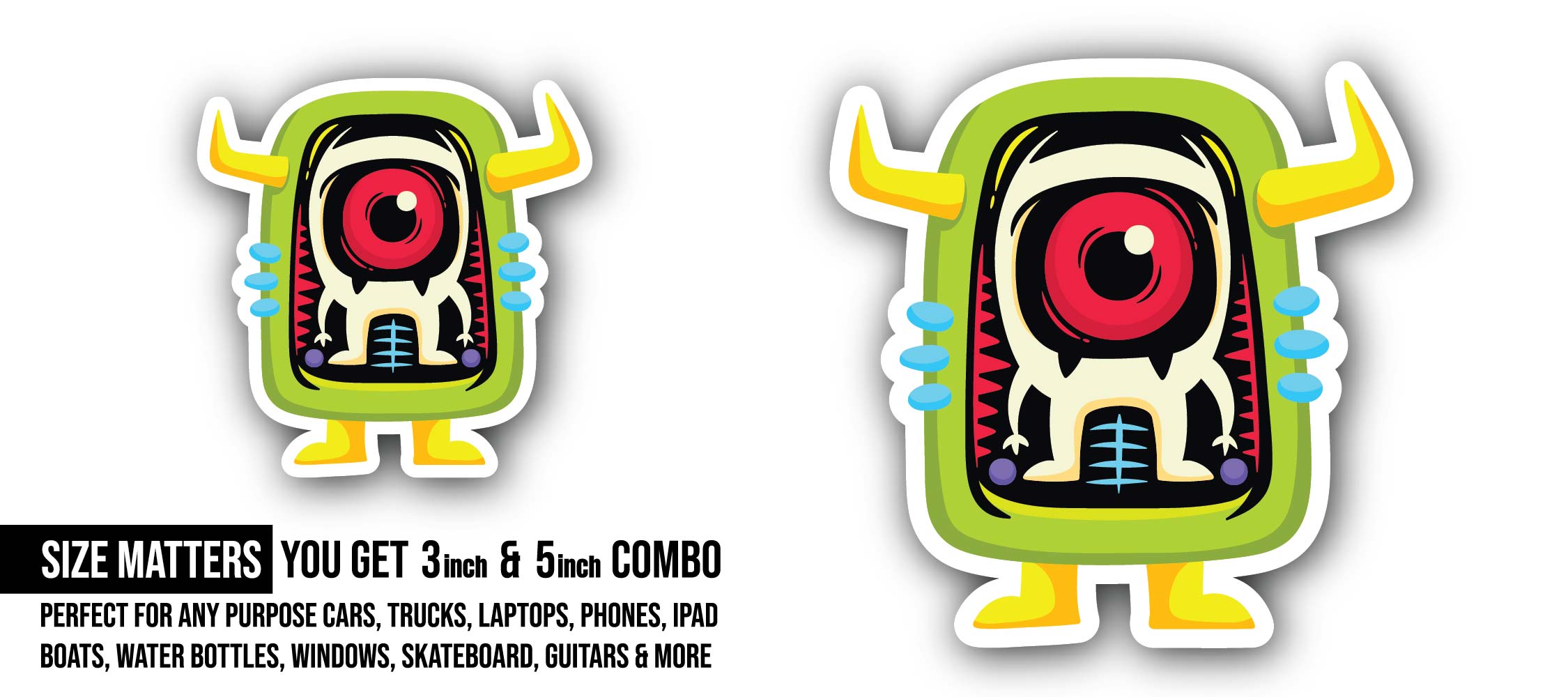 A Little Monster in a Robot Sticker, Waterproof Vinyl Decal Sticker Indoor Or Outdoor 2 (Pieces) 3" and 5"
