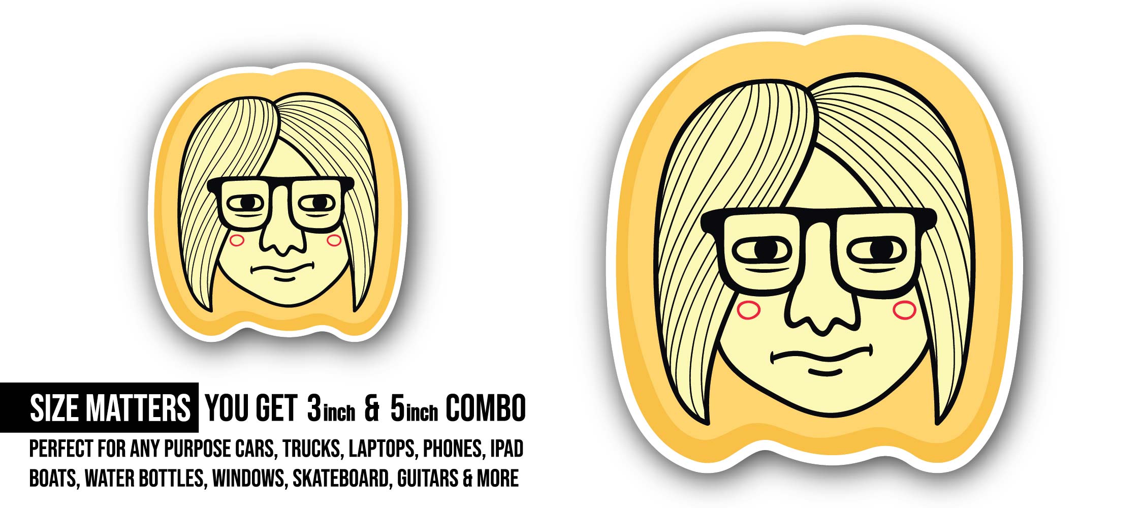 Cute Doodle Woman Sticker, Waterproof Vinyl Decal Sticker Indoor Or Outdoor 2 (Pieces) 3" and 5"