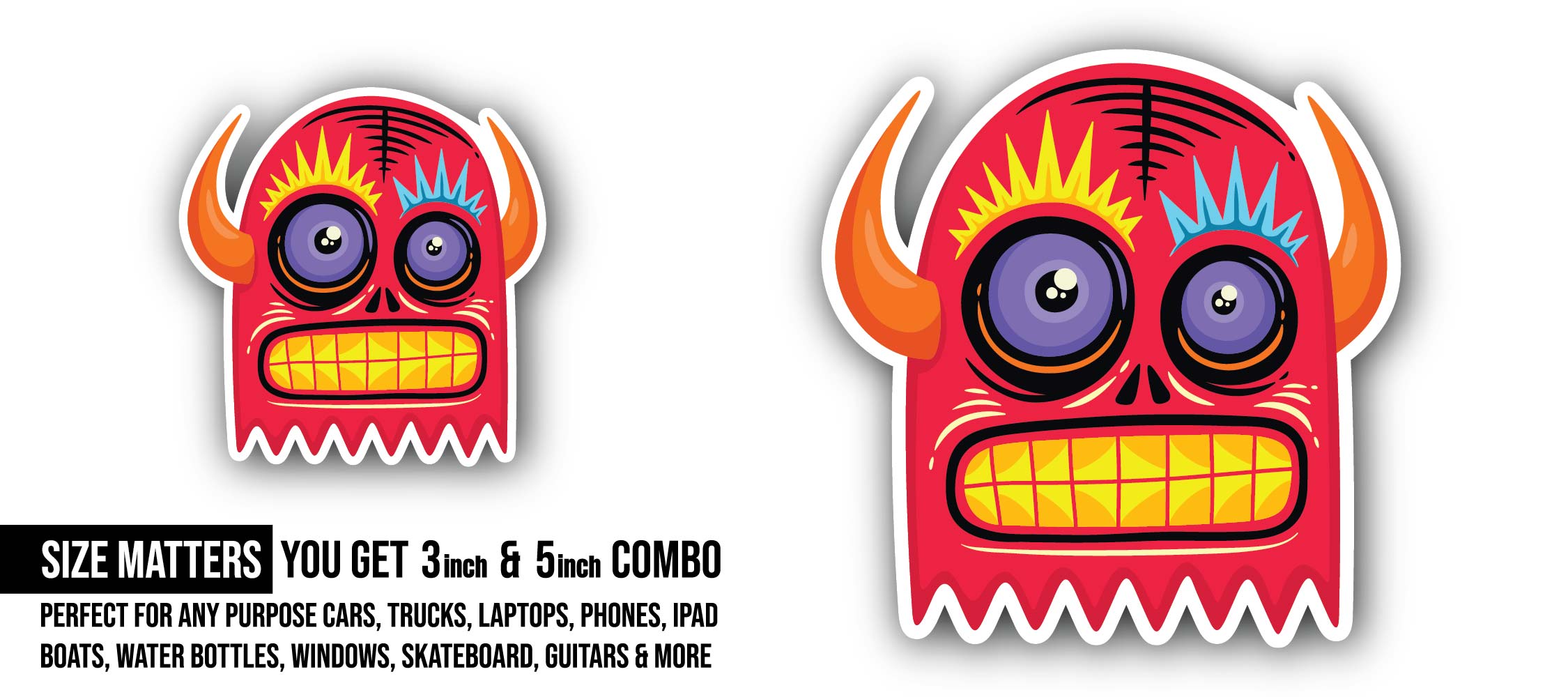 Doodle Monster Sticker, Waterproof Vinyl Decal Sticker Indoor Or Outdoor 2 (Pieces) 3" and 5"