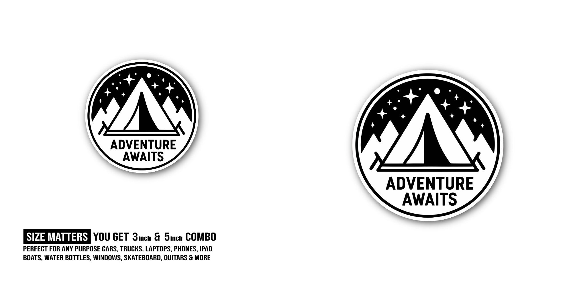 ADVENTURE AWAITS Sticker, Waterproof Vinyl Decal Sticker Indoor Or Outdoor 2 (Pieces) 3" and 5"